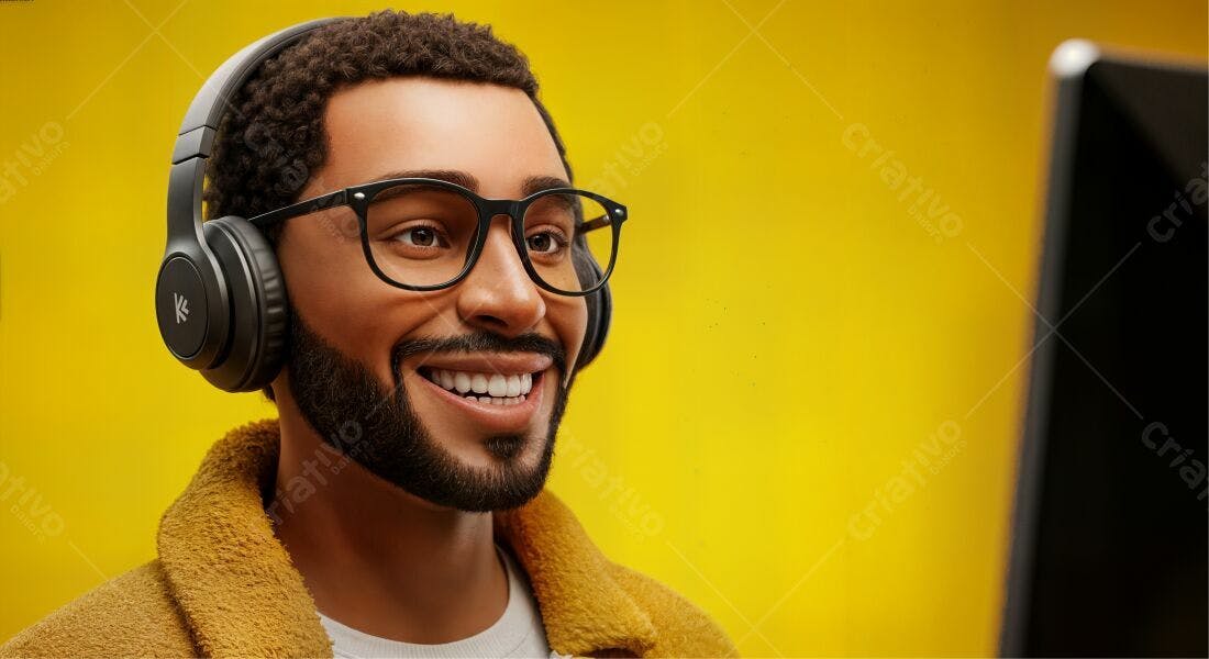 Homem sorrindo usando fones de ouvido fundo amarelo