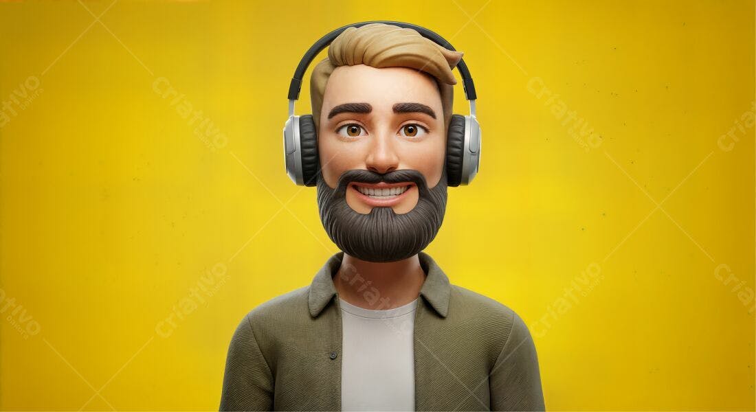 Homem com fone de ouvido sorrindo fundo amarelo