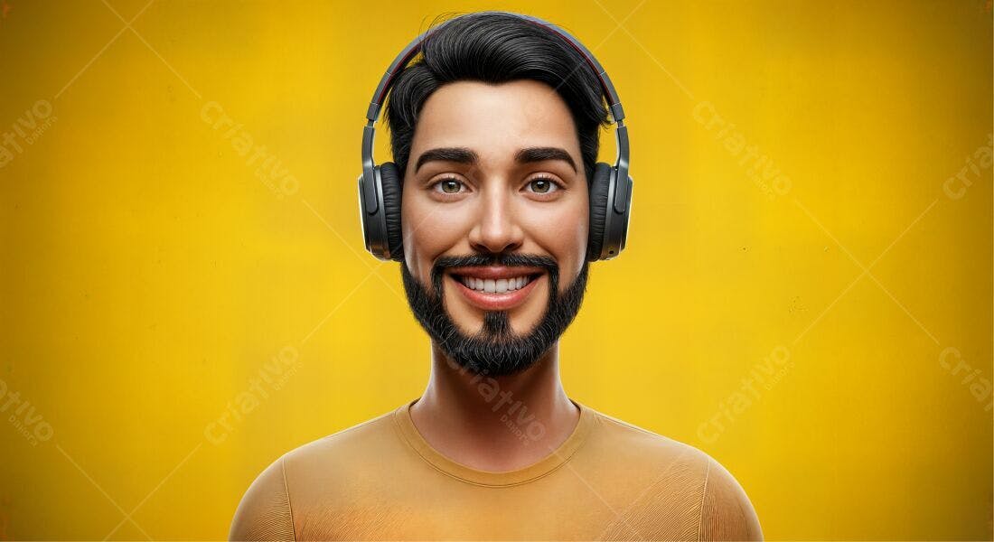 Homem sorridente com fones de ouvido fundo amarelo