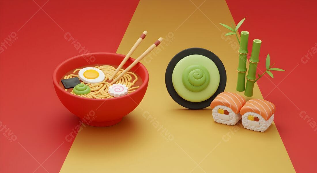 Ramen e Sushi em estilo 3D