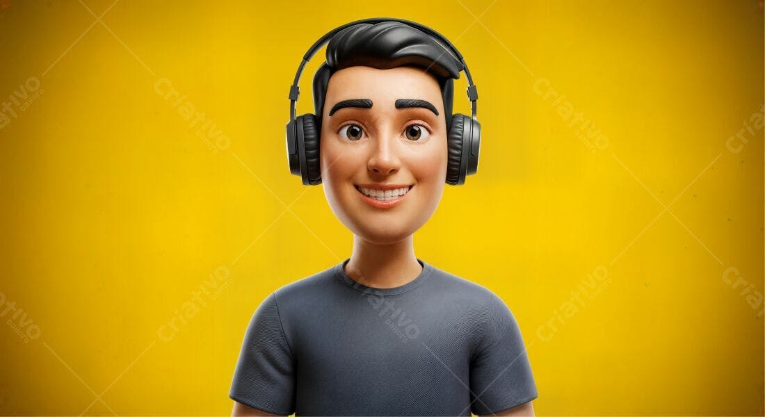 Rapaz sorrindo com fones de ouvido fundo amarelo