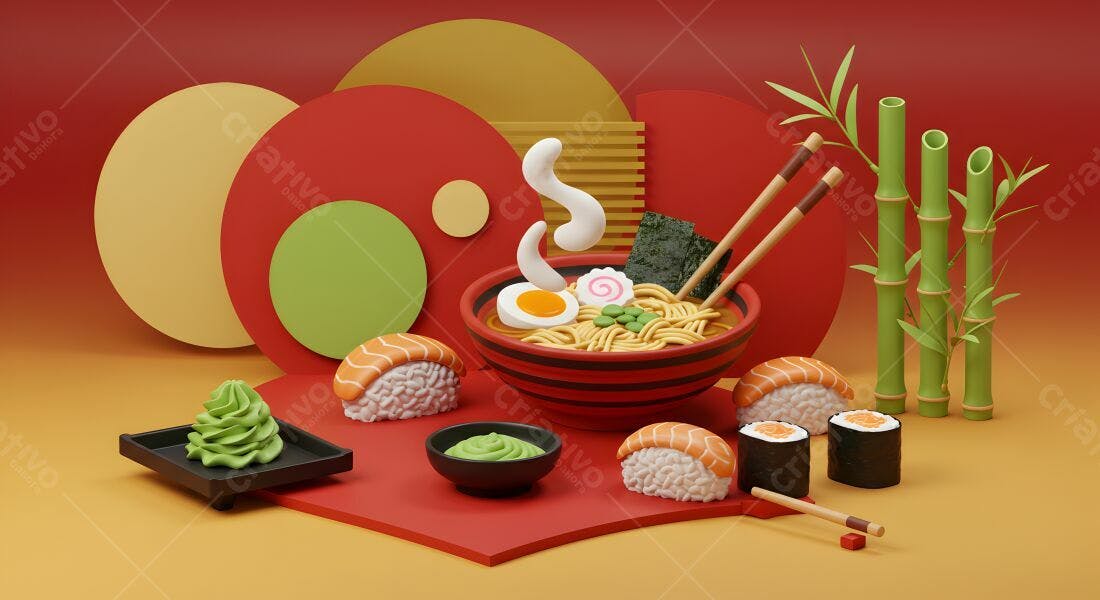 Ramen e Sushi em estilo 3D