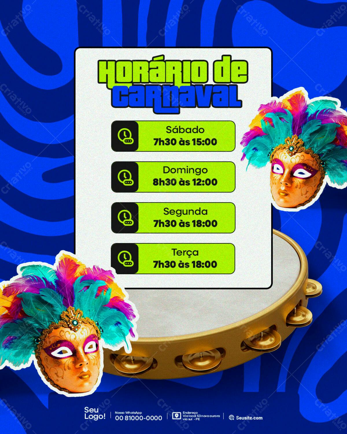 Flyer para Horário de Carnaval PSD Editável