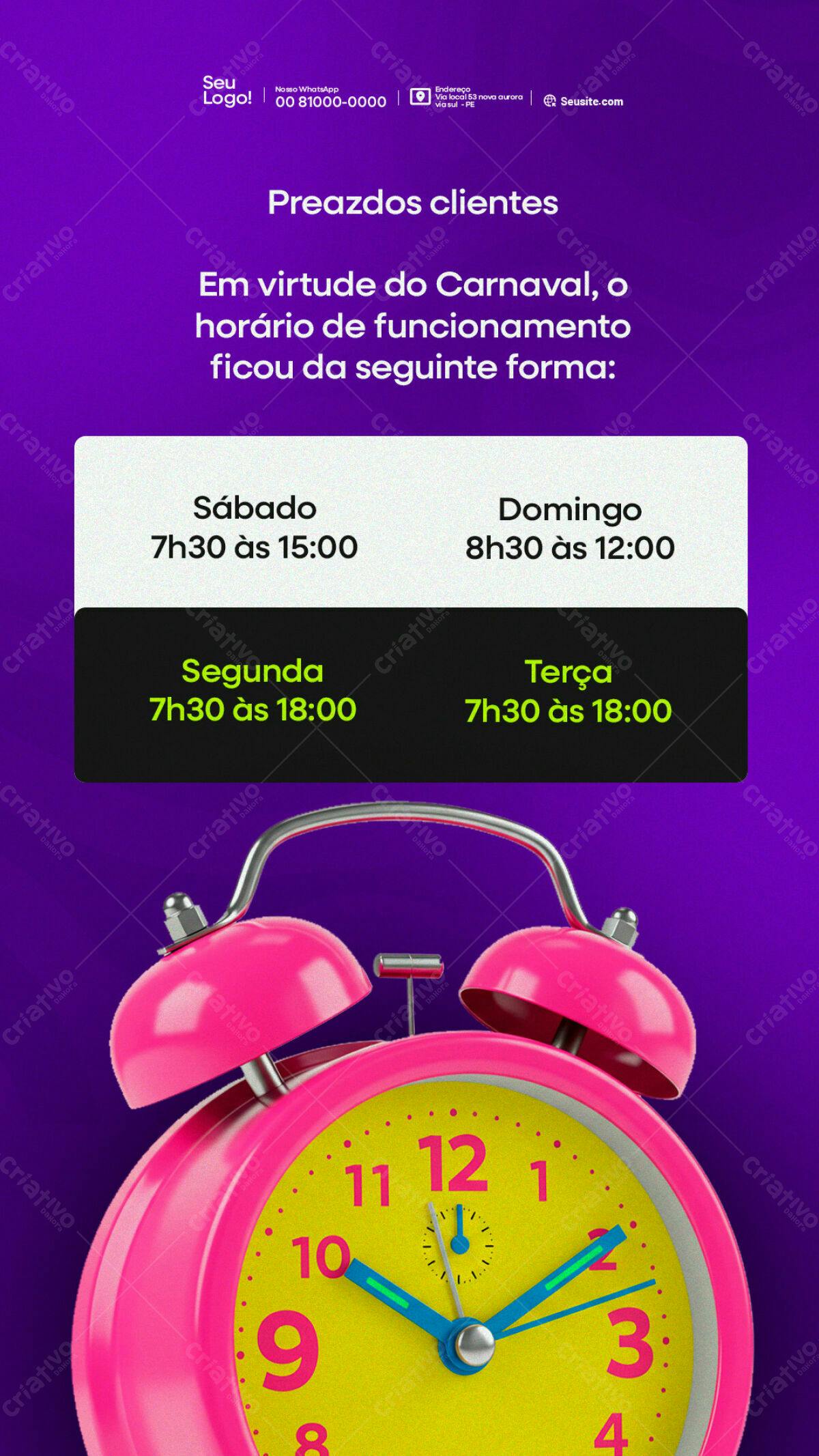 Flyer Carnaval Horário Especial PSD Editável