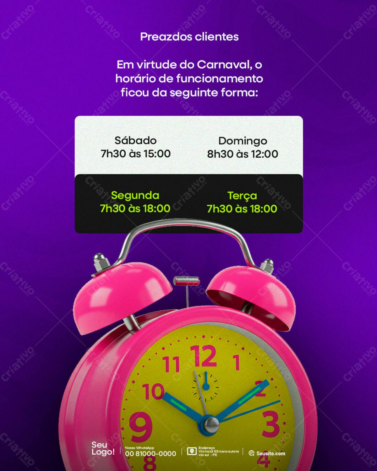 Flyer Carnaval Horário de Funcionamento PSD Editável