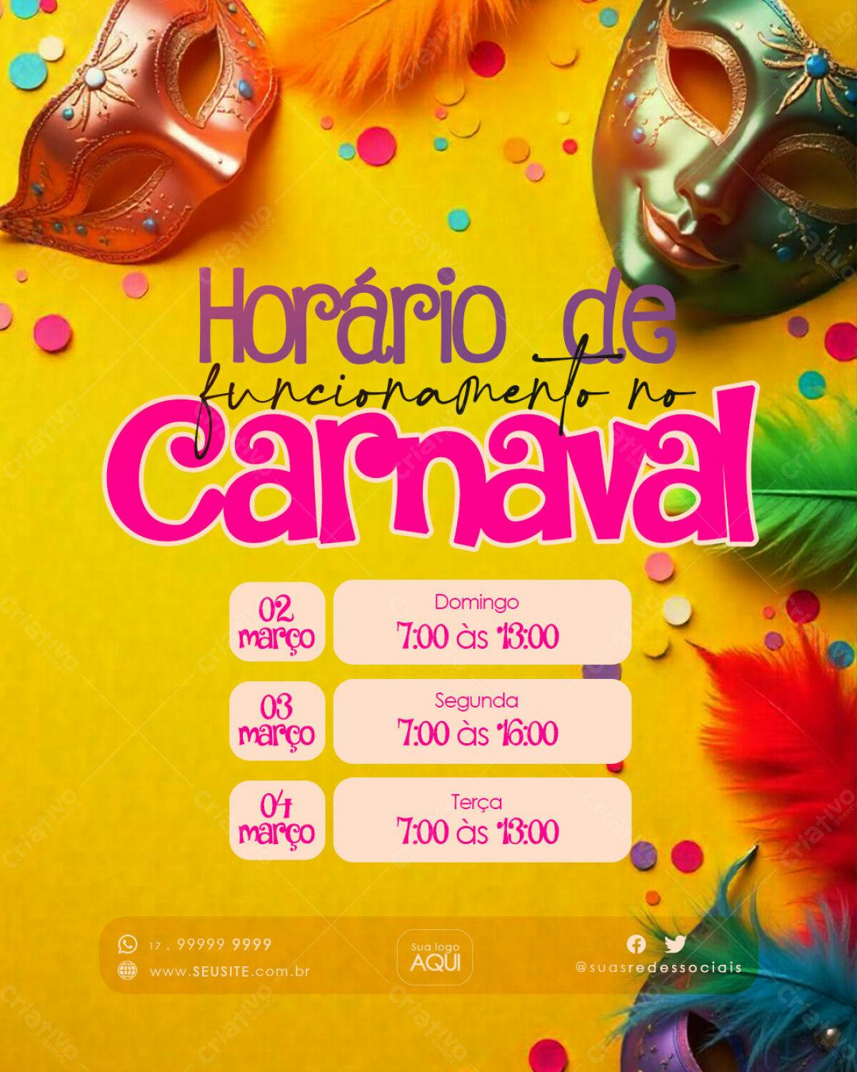 Flyer Carnaval Horário de Funcionamento PSD Editável