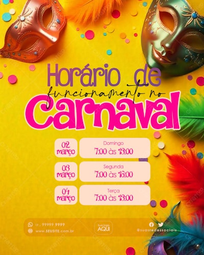 Flyer Carnaval Horário de Funcionamento PSD Editável
