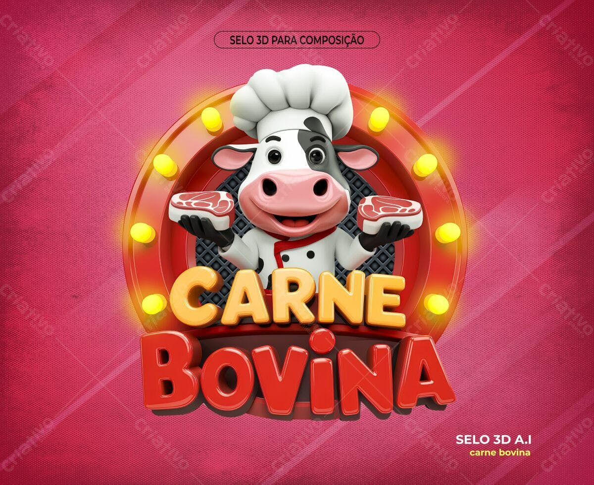 Selo 3D Carne Bovina PSD Editável
