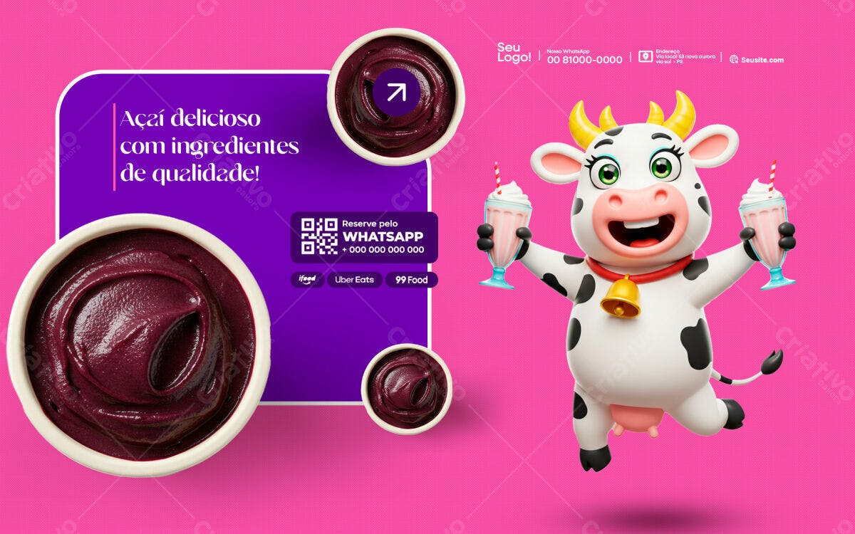 Flyer Açaí com Vaca 3D PSD Editável