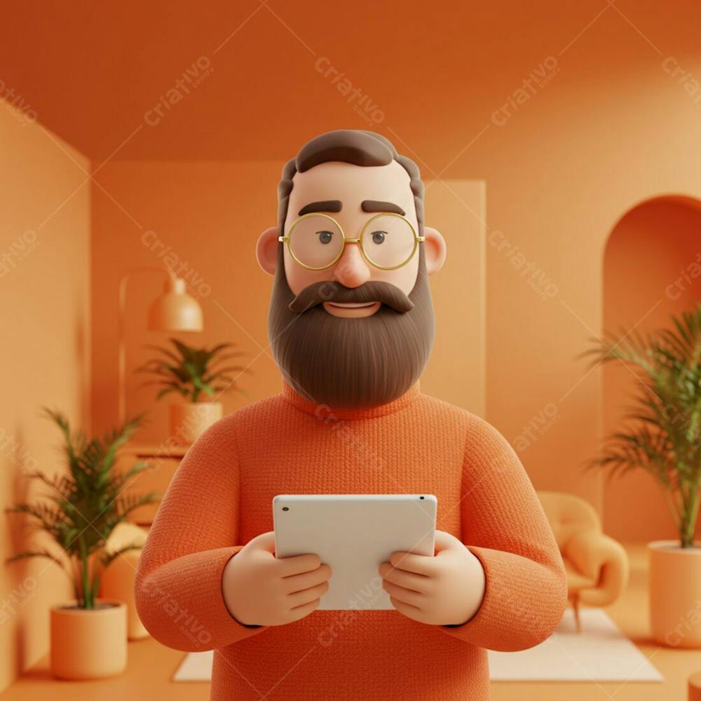 Um Homem Caucasiano De Meia Idade 3D Com Uma Barba Espessa, Usando Óculos E Uma Roupa Laranja, Segurando Um Tablet Branco Em Uma Sala Com Tema Laranja E Vasos De Plantas