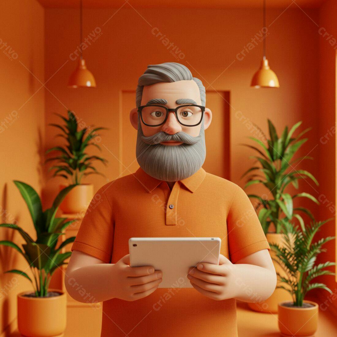 Homem com tablet em ambiente laranja