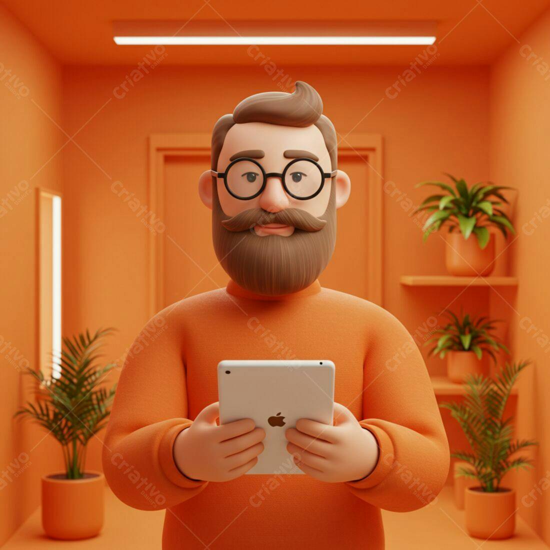 Homem com barba usando tablet em ambiente laranja