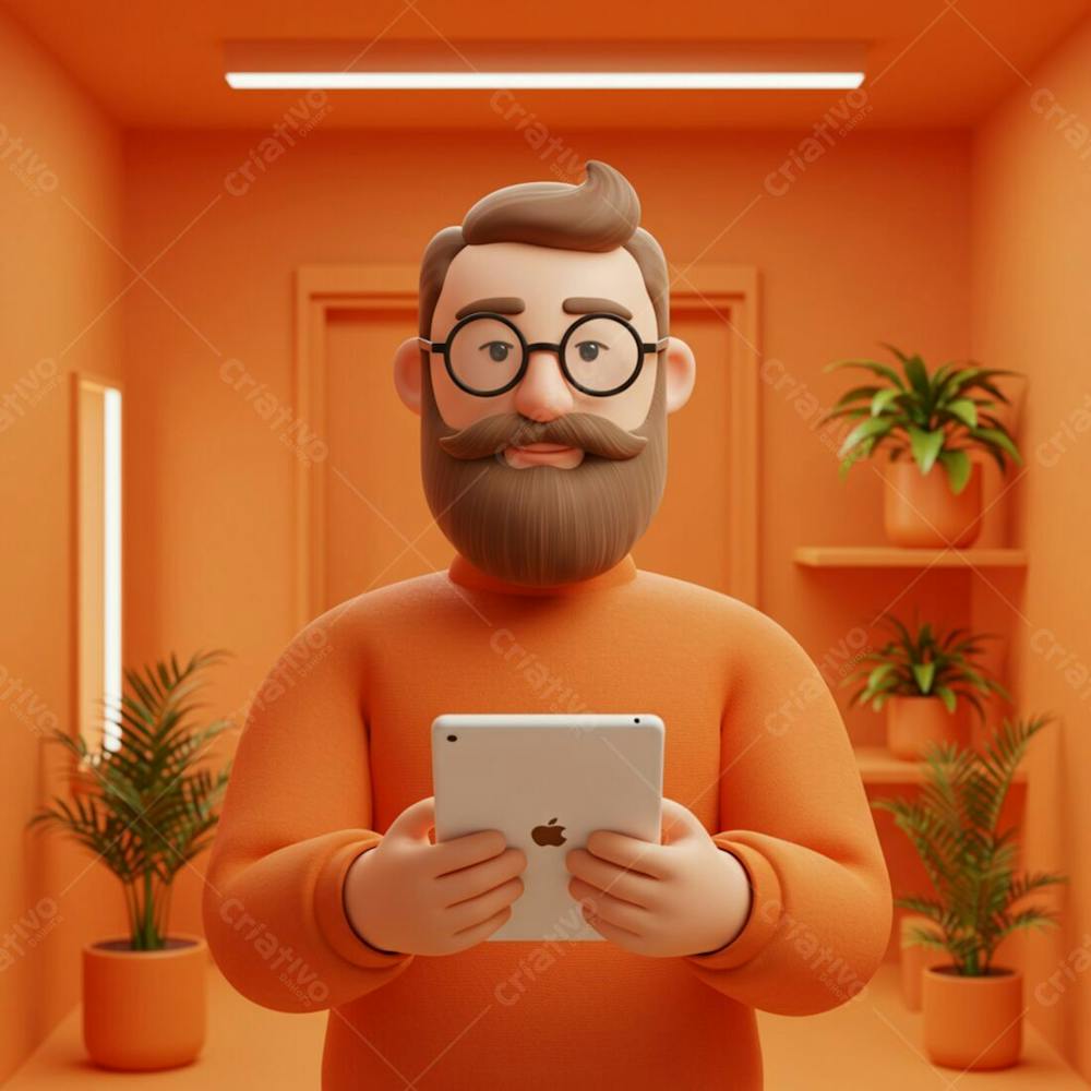 Um Homem Caucasiano De Meia Idade 3D Com Uma Barba Espessa, Usando Óculos E Uma Roupa Laranja, Segurando Um Tablet Branco Em Uma Sala Com Tema Laranja E Vasos De Plantas V.3