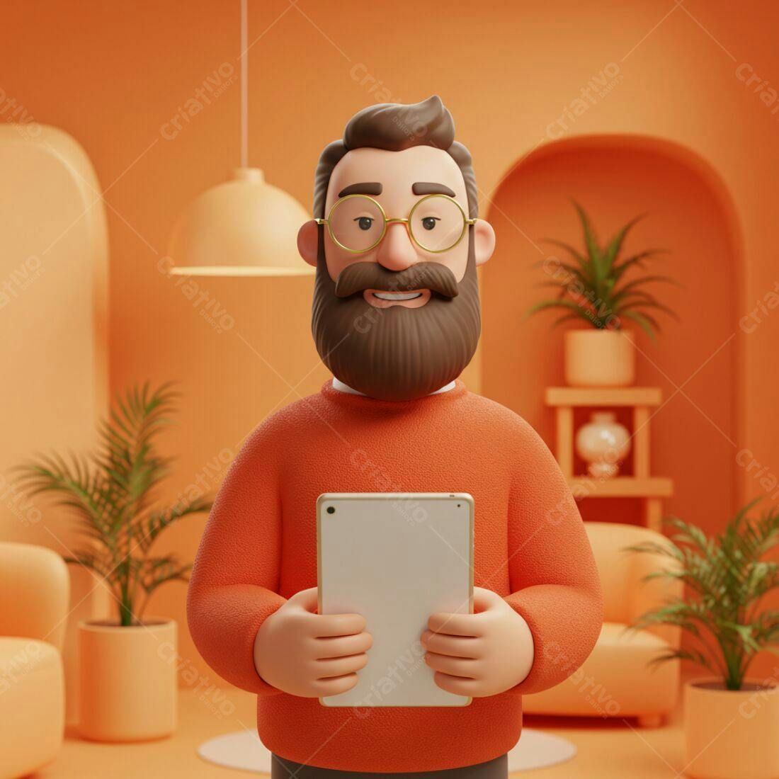 Homem barbudo com tablet em ambiente laranja