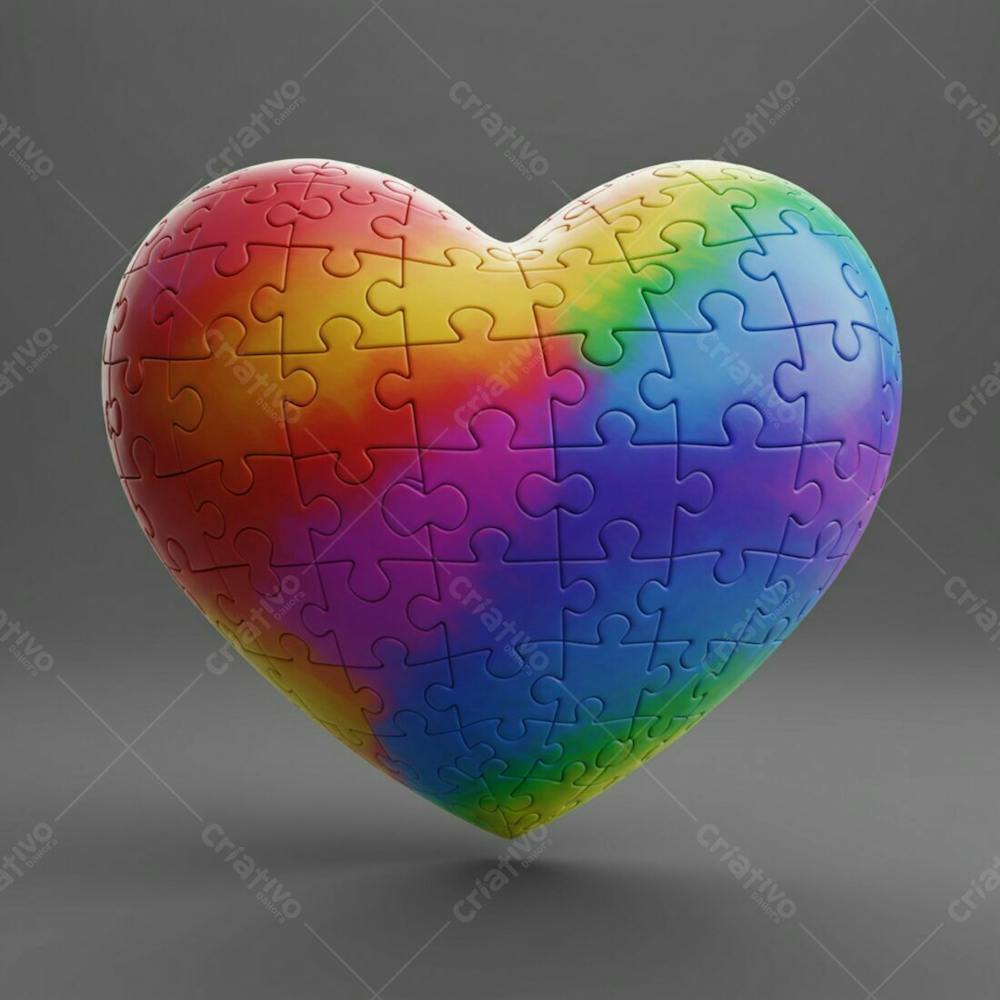 Coração 3D Com Textura De Quebra Cabeça Colorido Tema Autismo V.2