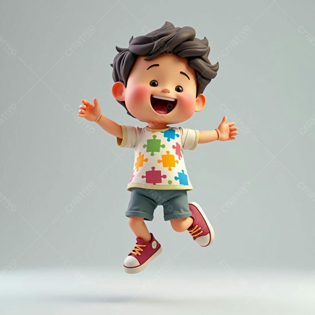 Menino alegre pulando com camisa colorida