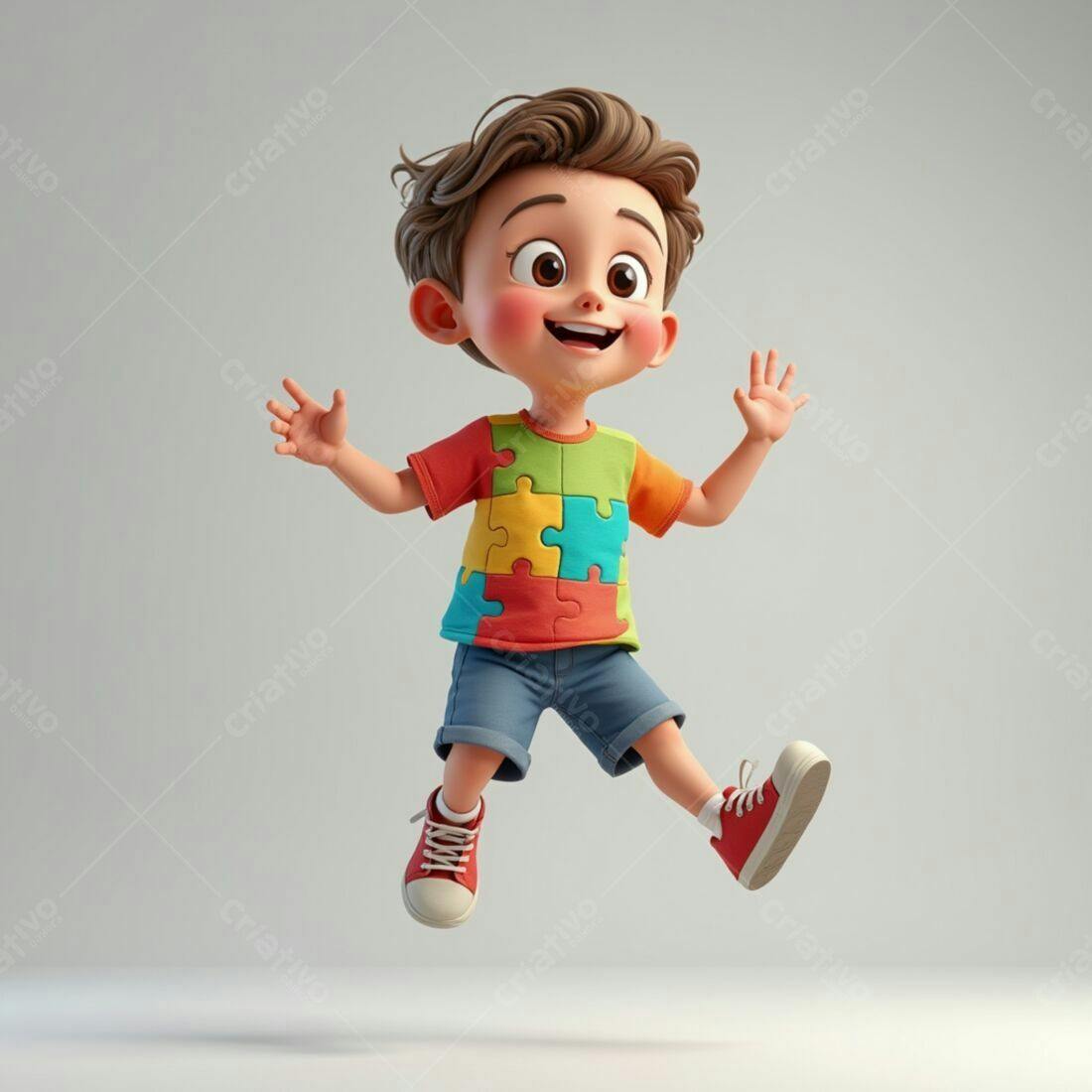 Menino feliz pulando com camiseta de quebra-cabeça