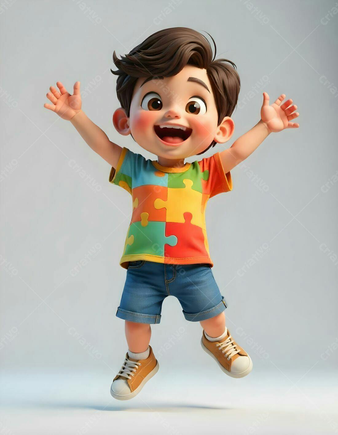 Menino feliz pulando com camiseta colorida