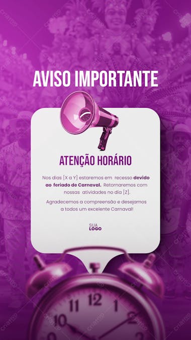 Story Aviso de Horário De Funcionamento Carnaval