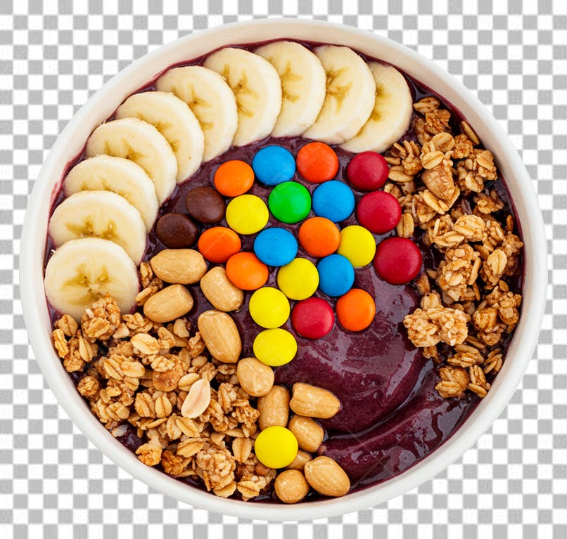 Açaí com banana granola e doces coloridos