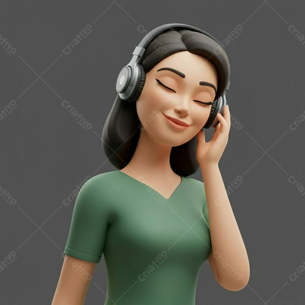 Mulher 3D De Frente Usando Fone De Ouvido Escutando Música