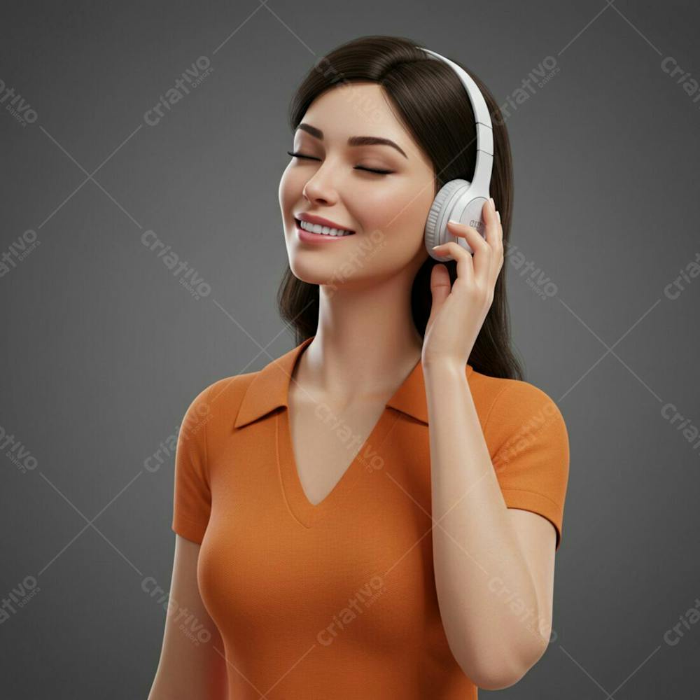 Mulher 3D De Frente De Camiseta Laranja Usando Fone De Ouvido Escutando Música