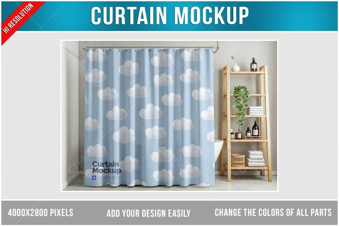 Mockup de Cortina de Banheiro com Nuvens - Estilo Minimalista