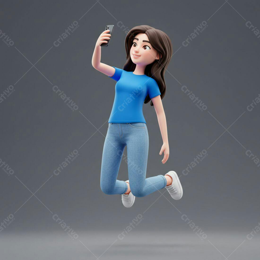 Mulher pulando tira selfie celular fundo cinza