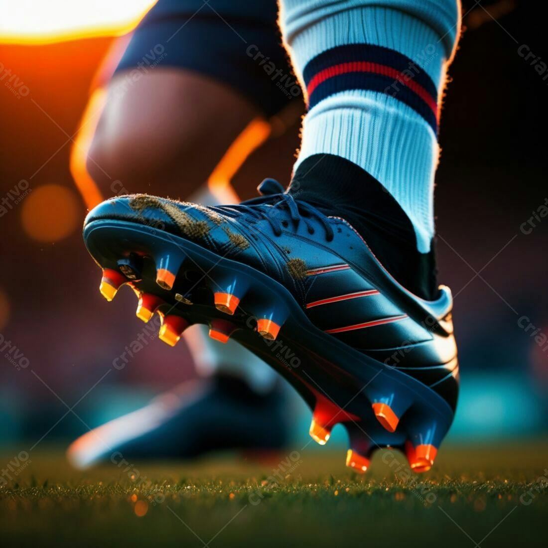 Chuteira de futebol azul e laranja em campo