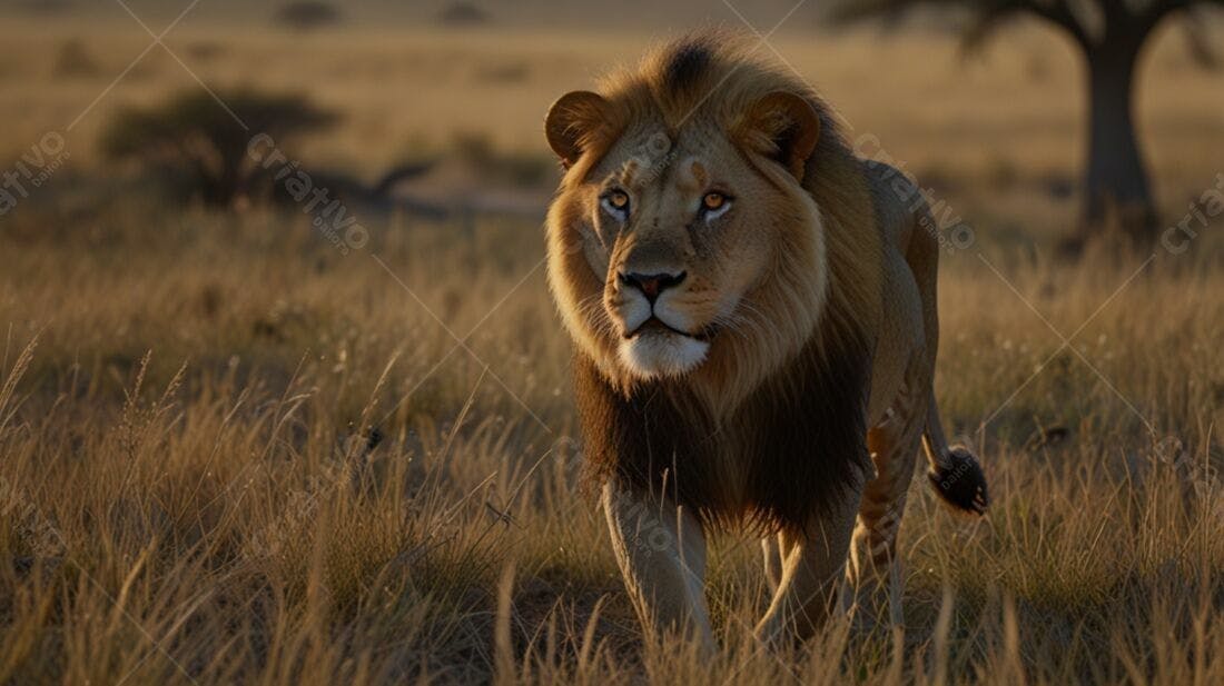 Leão caminhando na savana ao entardecer