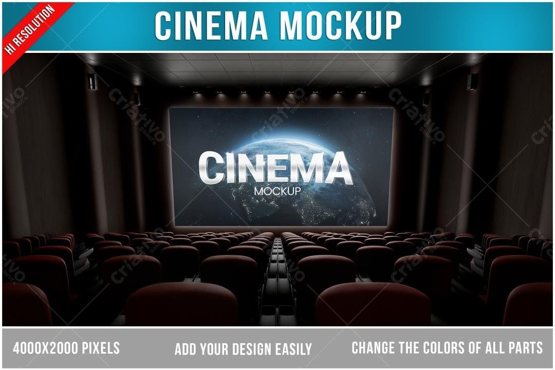 Mockup Cinema Realista: Tela Gigante e Poltronas Vermelhas