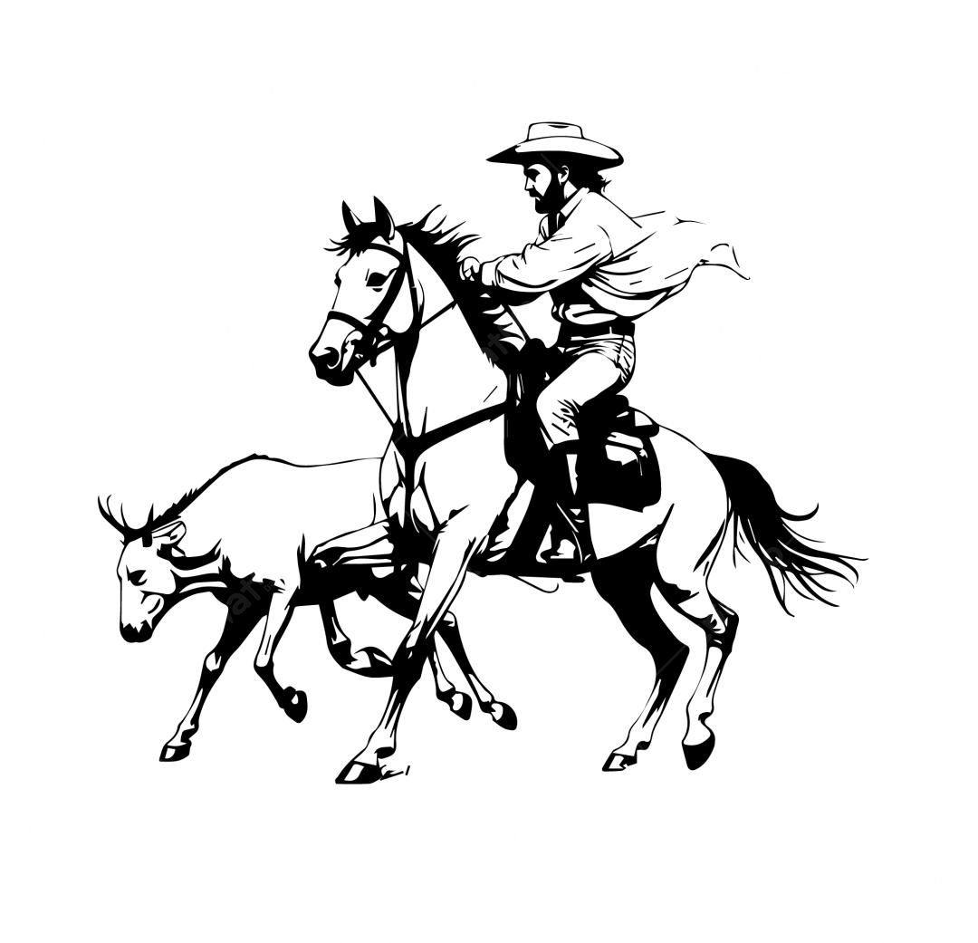 Ilustração vetorial Cowboy montando cavalo e gado
