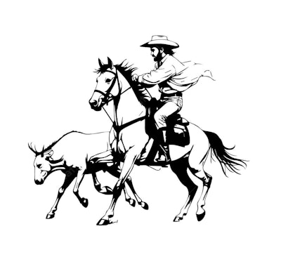 Ilustração vetorial Cowboy montando cavalo e gado