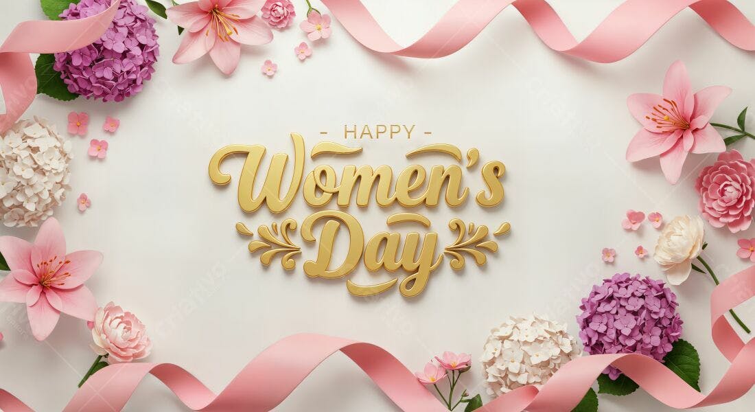 Dia Internacional da Mulher Flores Rosa e Dourado