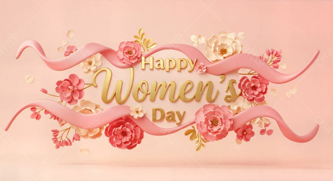 Feliz Dia Internacional da Mulher Flores Rosa e Dourado