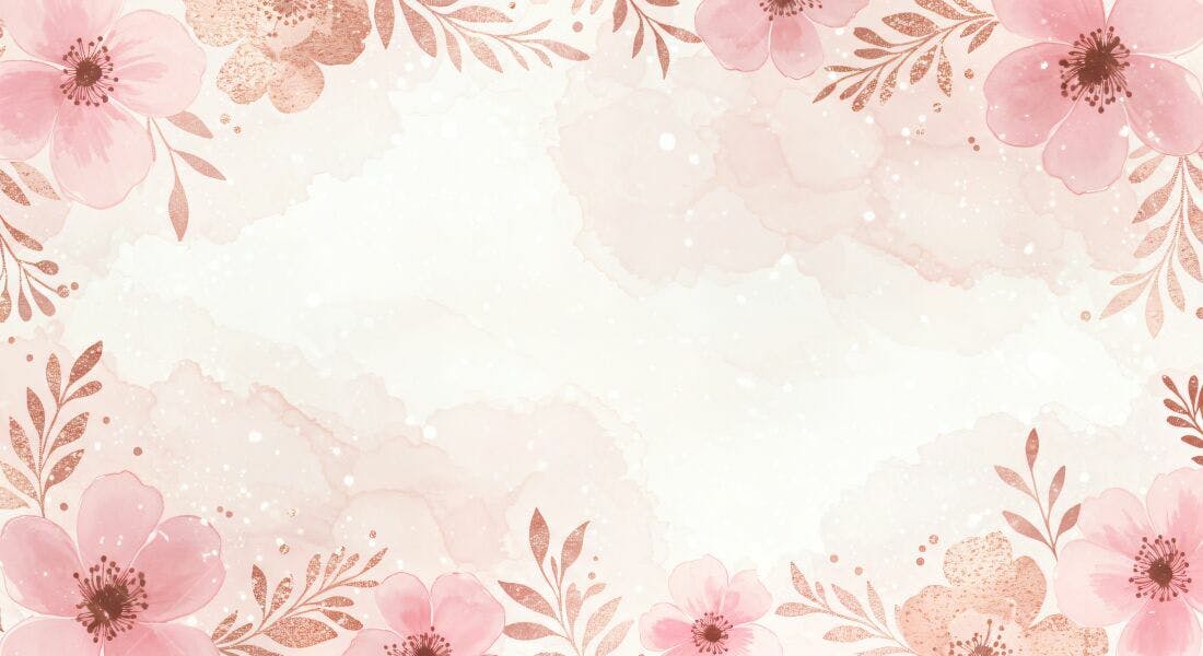 Flores rosas e folhas douradas moldura aquarela