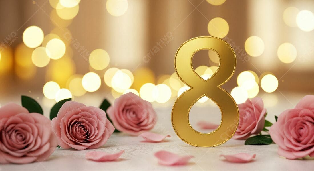 Número 8 dourado com rosas rosa