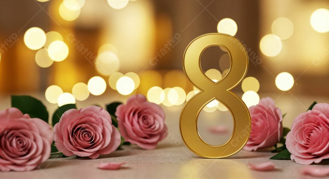 Número 8 dourado com rosas rosa