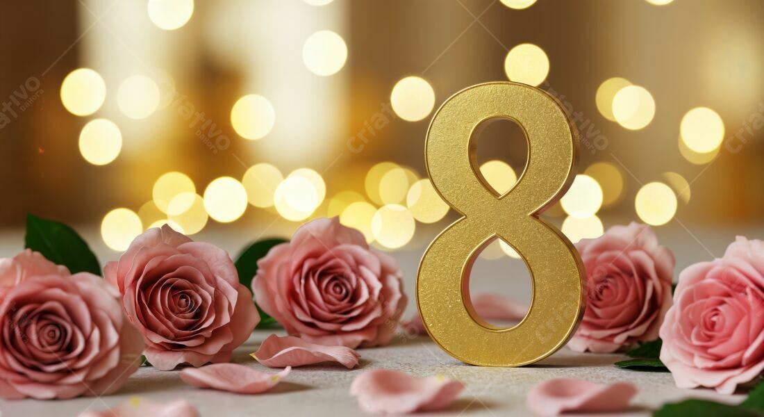 Número 8 dourado com rosas cor-de-rosa