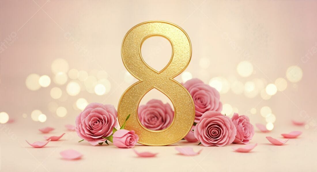Número 8 dourado com rosas rosa Dia Internacional da Mulher