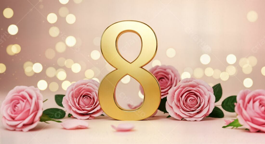 Número 8 dourado com rosas cor-de-rosa