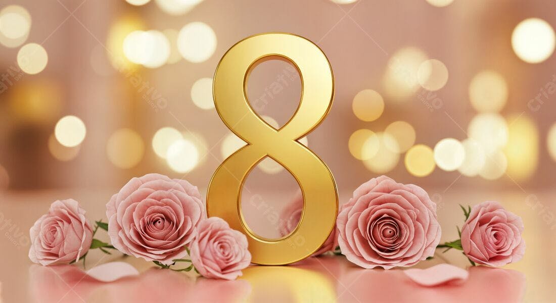 Número 8 dourado com rosas rosa Dia Internacional da Mulher