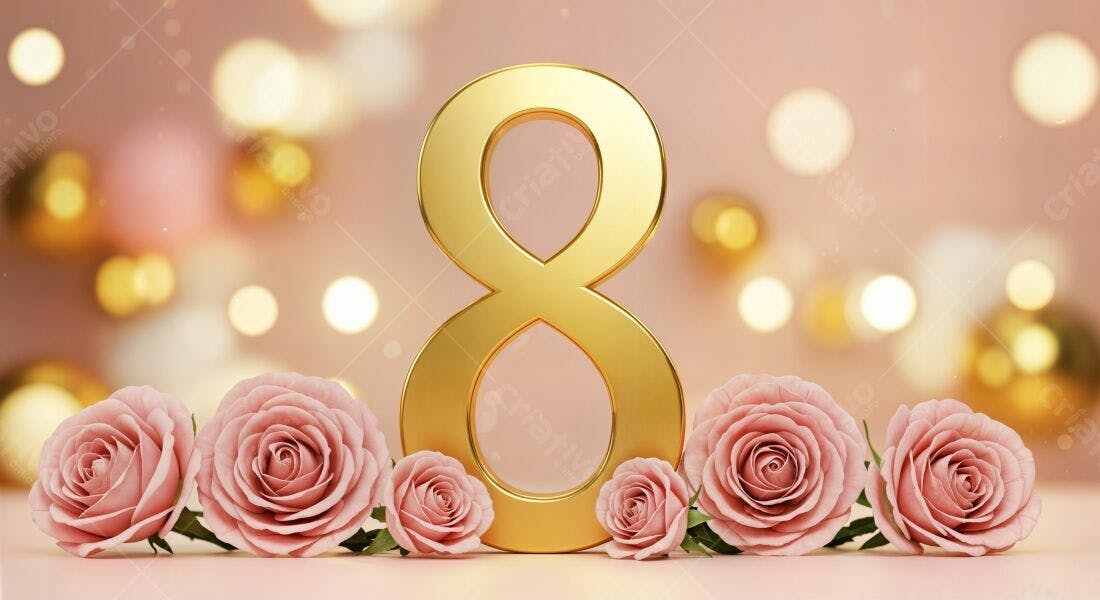 Número 8 dourado com rosas rosa Dia da Mulher