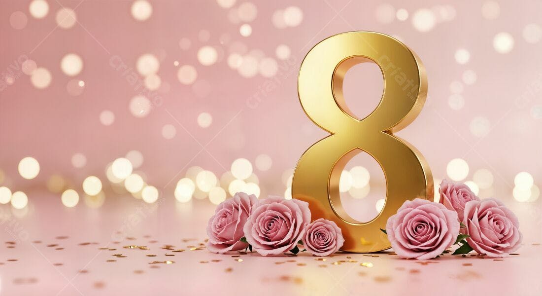 Número 8 dourado com rosas rosa Dia da Mulher