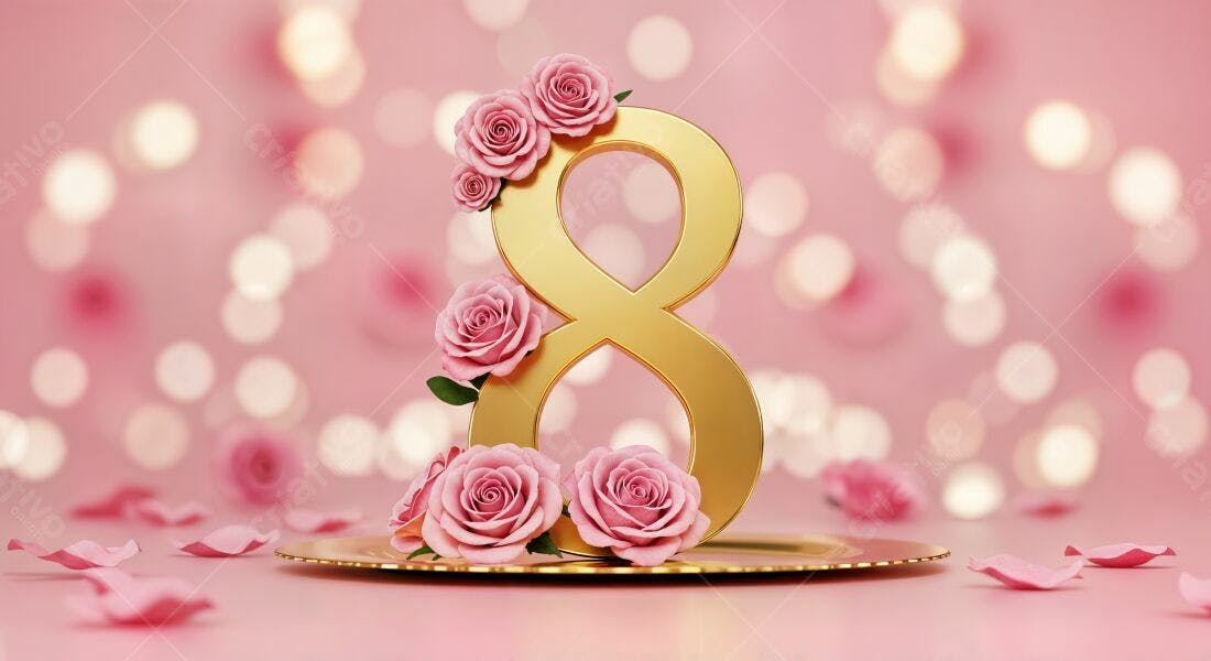 Número 8 dourado com rosas para Dia Internacional da Mulher
