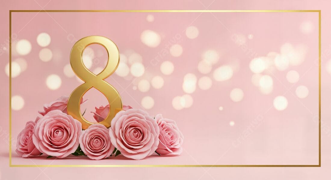 Número 8 dourado com rosas rosa Dia Internacional da Mulher