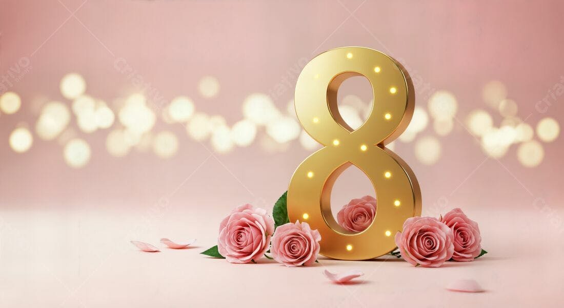Número 8 dourado com rosas rosa Dia Internacional da Mulher