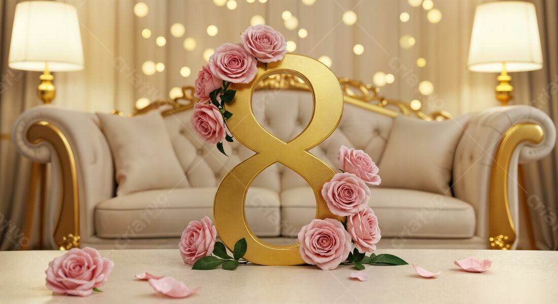 Número 8 dourado com rosas para Dia Internacional da Mulher