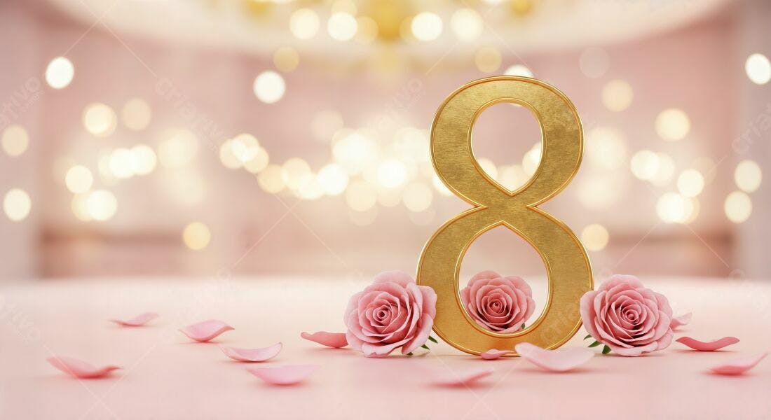 Número 8 dourado com rosas Dia Internacional da Mulher