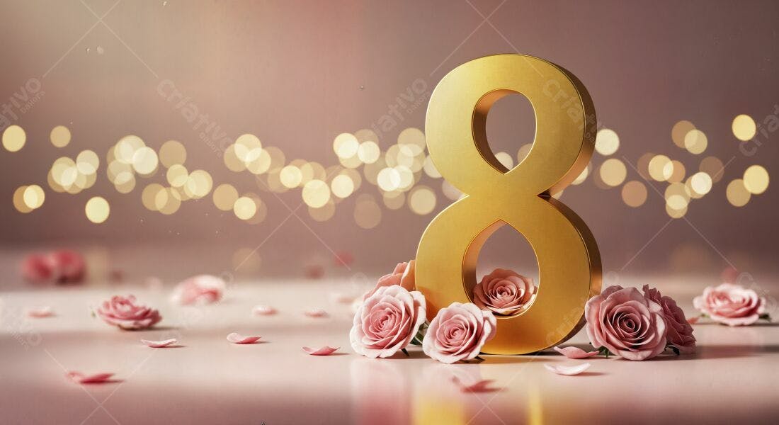 Número 8 dourado com rosas e pétalas